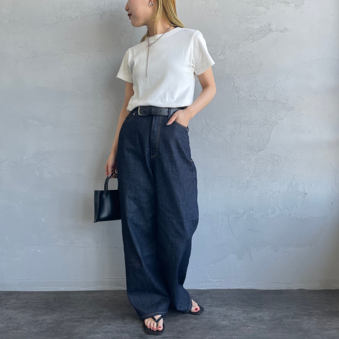 Noir Fabrik [ヌワールファブリック] コットンフライス 5分袖クルーネックTシャツ [IN-02SS] ｵﾌ &&モデル身長：156cm 着用サイズ：0&&