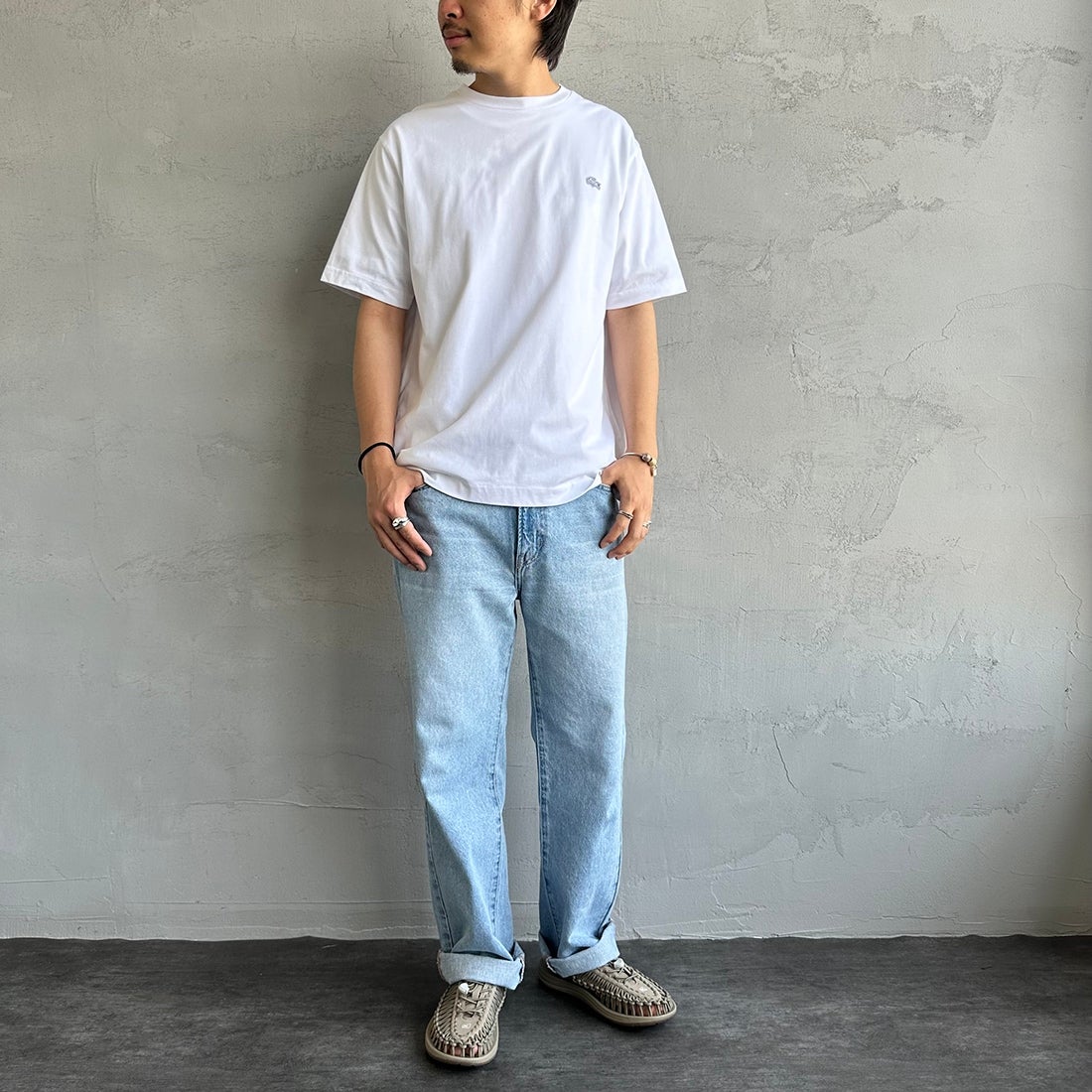 LACOSTE [ラコステ] クルーネックTシャツ [TH5582] 001 WHITE &&モデル身長：173cm 着用サイズ：5&&
