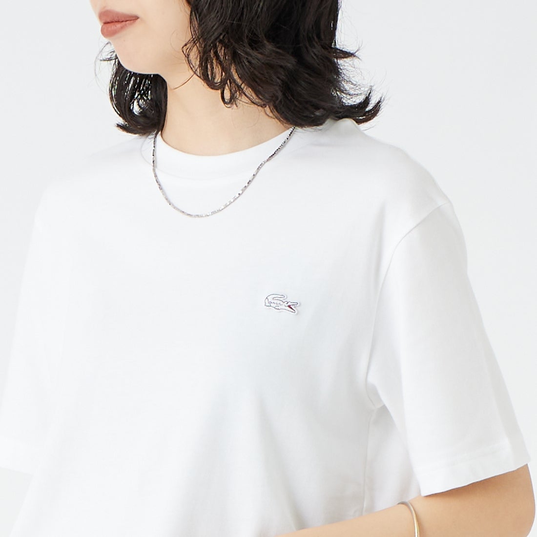 LACOSTE [ラコステ] クルーネックTシャツ [TH5582] 001 WHITE &&モデル身長：162cm 着用サイズ：2&&