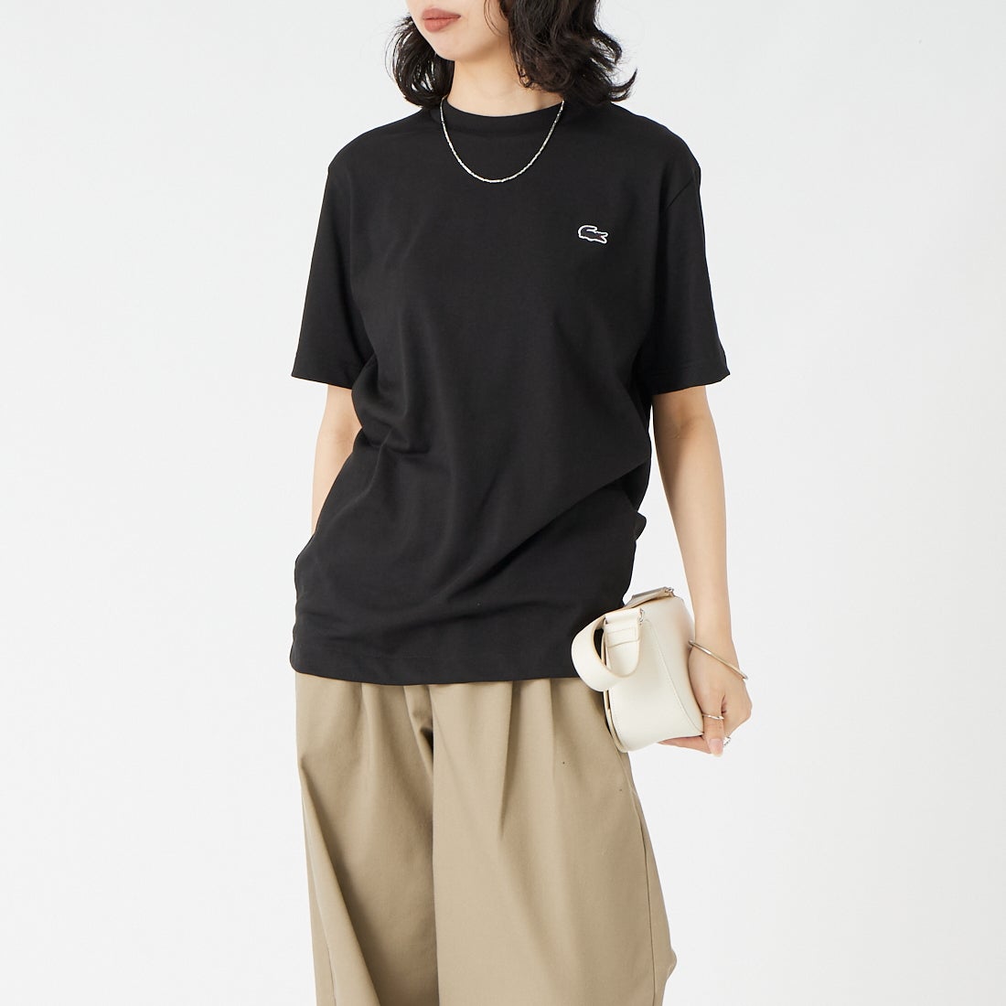 LACOSTE [ラコステ] クルーネックTシャツ [TH5582] 031 BLACK &&モデル身長：162cm 着用サイズ：2&&