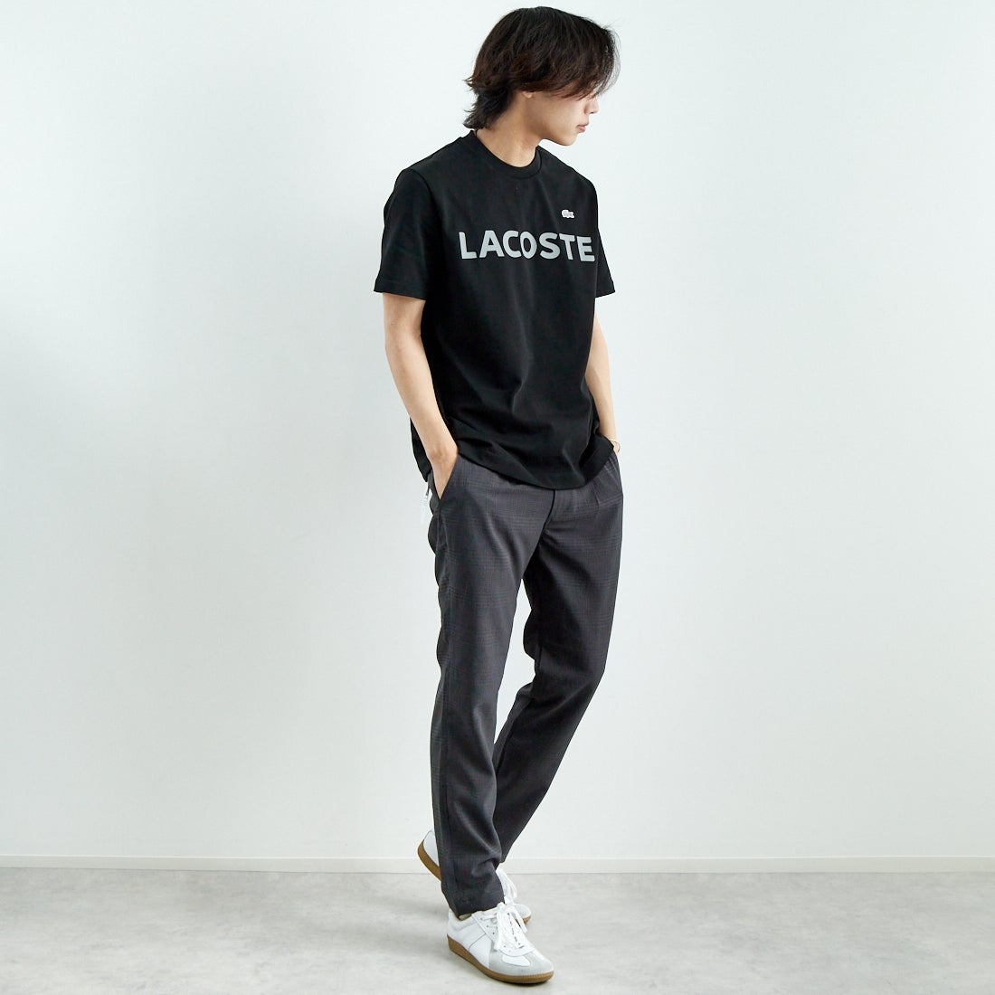 LACOSTE [ラコステ] ヘビーウェイトロゴTシャツ [TH2299] 031 BLACK &&モデル身長：179cm 着用サイズ：3&&