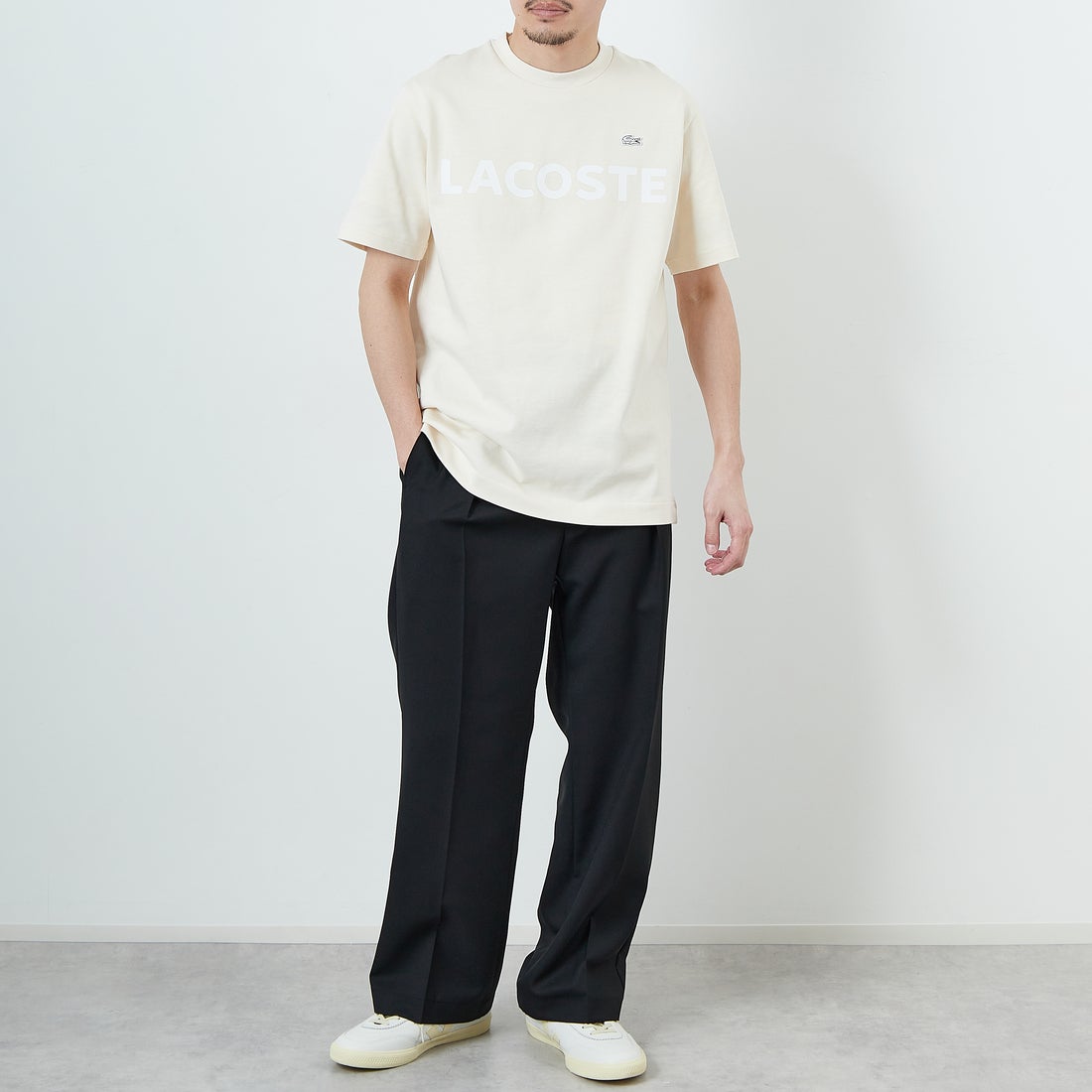 LACOSTE [ラコステ] ヘビーウェイトロゴTシャツ [TH2299] XFJ ECRU &&モデル身長：168cm 着用サイズ：3&&