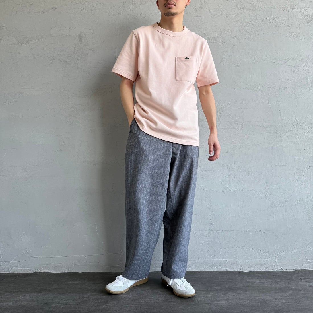 LACOSTE [ラコステ] ワンポイントロゴ 鹿の子ポケットTシャツ [TH4921] HCZ L.PINK &&モデル身長：168cm 着用サイズ：4&&