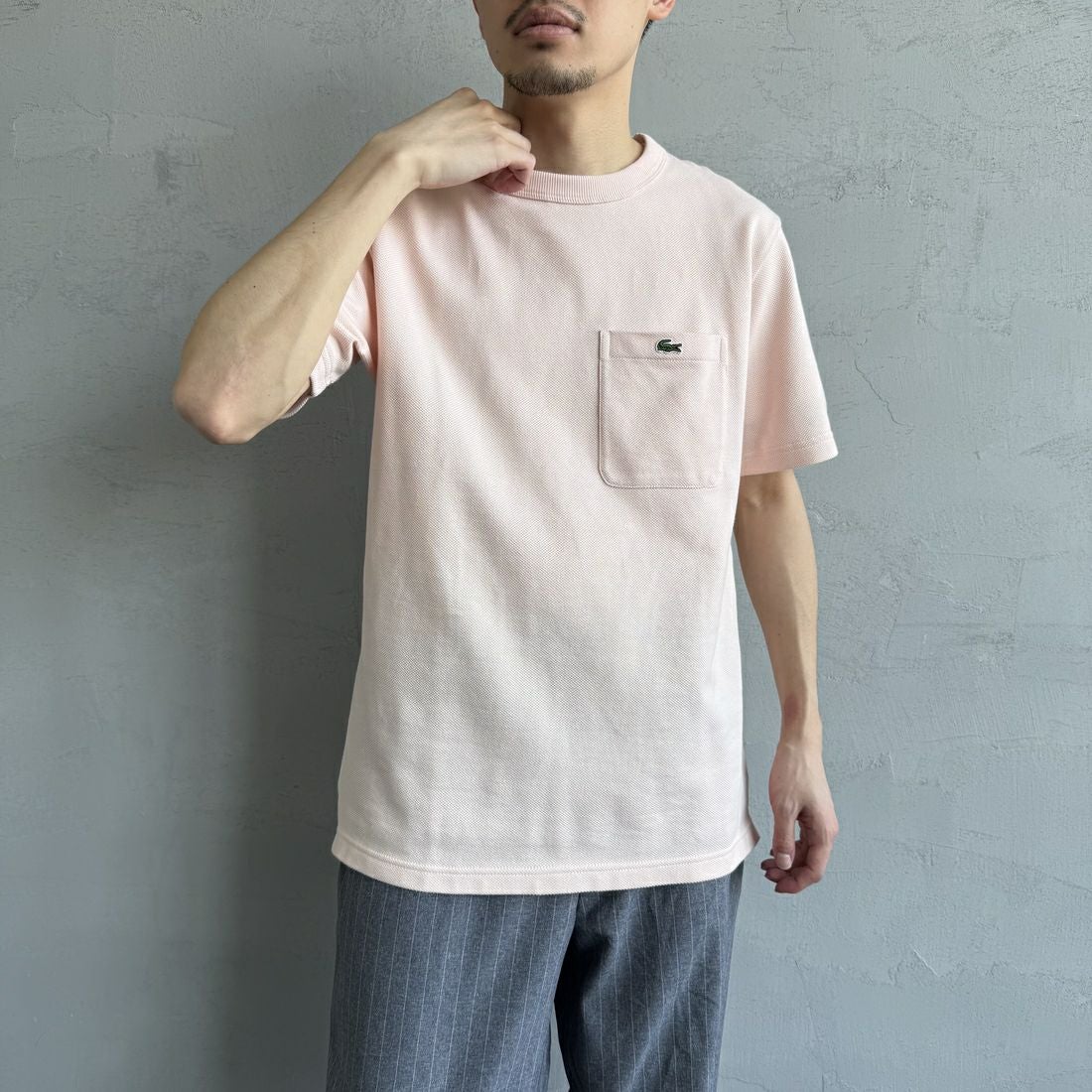 LACOSTE [ラコステ] ワンポイントロゴ 鹿の子ポケットTシャツ [TH4921] HCZ L.PINK &&モデル身長：168cm 着用サイズ：4&&