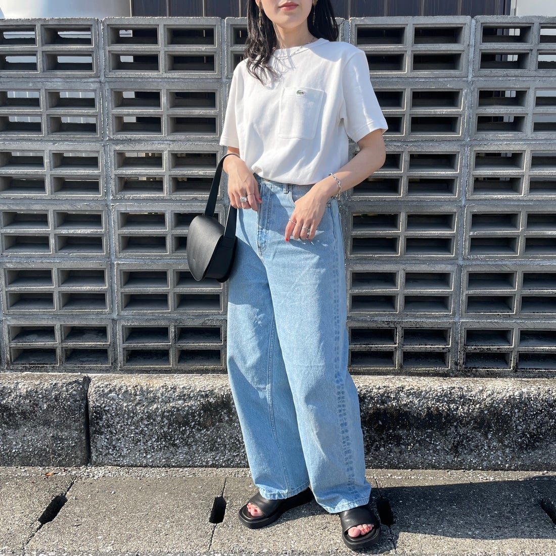 LACOSTE [ラコステ] ワンポイントロゴ 鹿の子ポケットTシャツ [TH4921] 70V WHITE &&モデル身長：160cm 着用サイズ：2&&