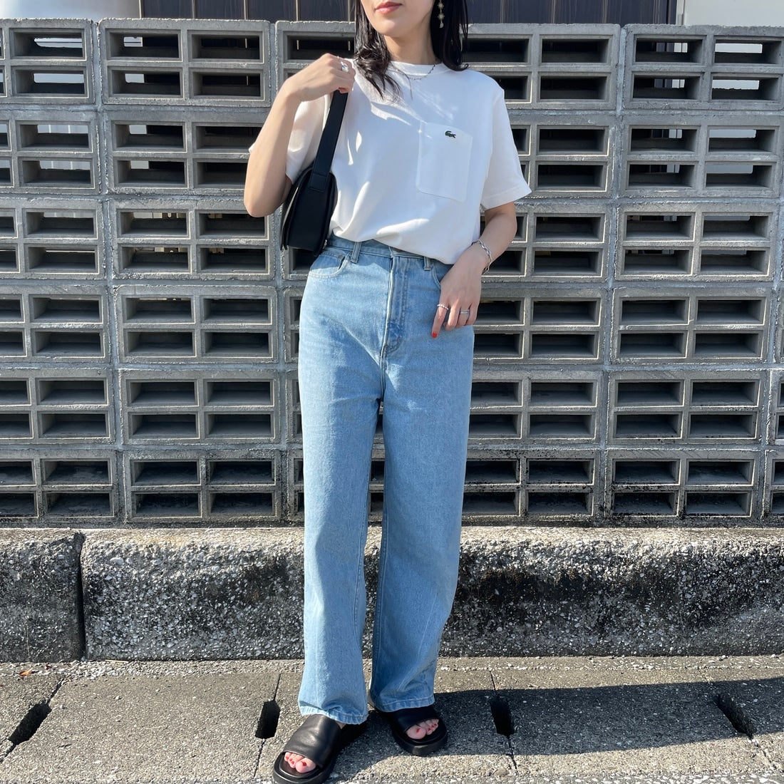 LACOSTE [ラコステ] ワンポイントロゴ 鹿の子ポケットTシャツ [TH4921] 70V WHITE &&モデル身長：160cm 着用サイズ：2&&