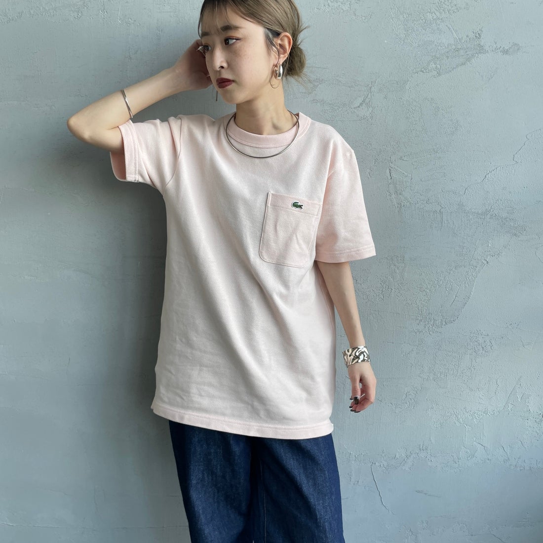 LACOSTE [ラコステ] ワンポイントロゴ 鹿の子ポケットTシャツ [TH4921] HCZ L.PINK &&モデル身長：150cm 着用サイズ：2&&