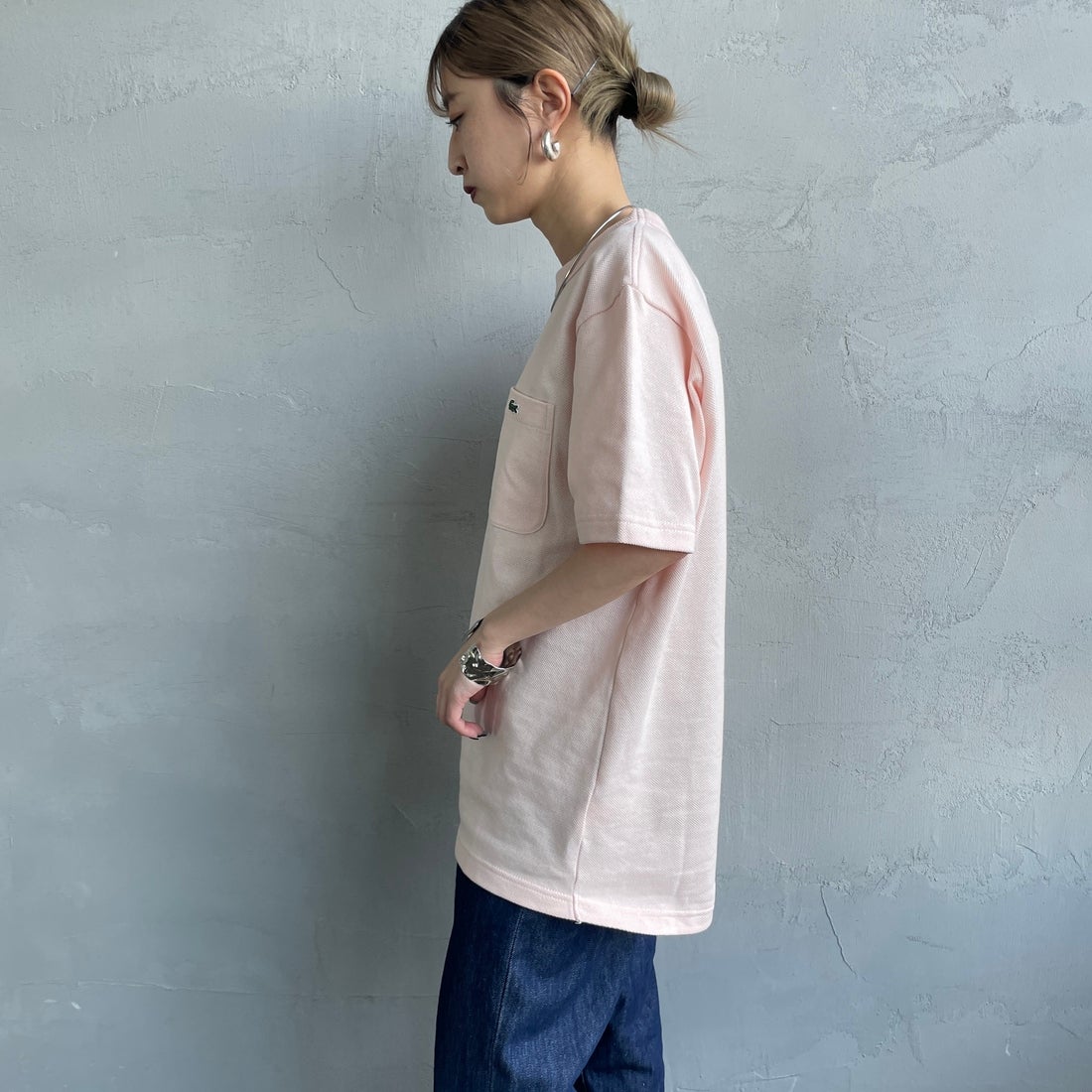 LACOSTE [ラコステ] ワンポイントロゴ 鹿の子ポケットTシャツ [TH4921] HCZ L.PINK &&モデル身長：150cm 着用サイズ：2&&
