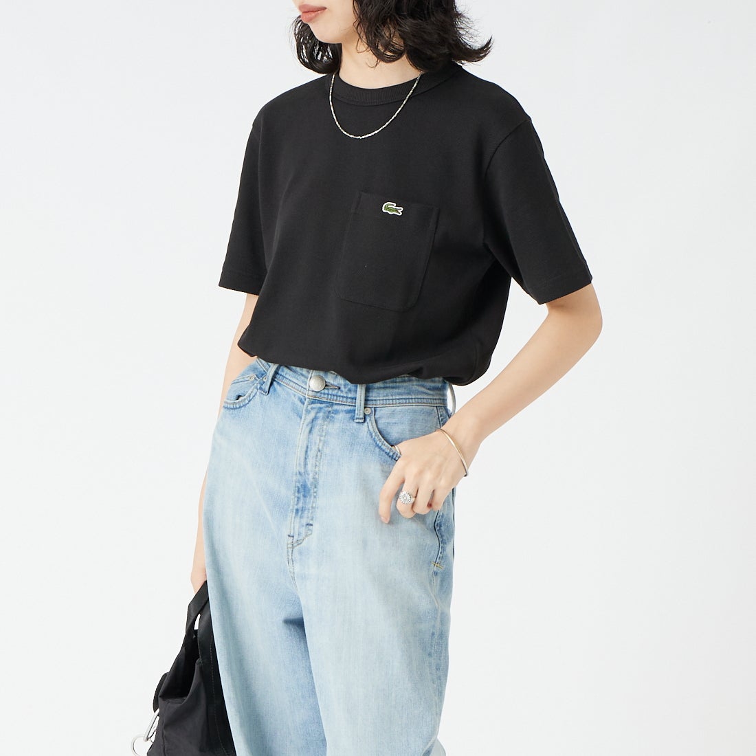 LACOSTE [ラコステ] ワンポイントロゴ 鹿の子ポケットTシャツ [TH4921] 031 BLACK &&モデル身長：162cm 着用サイズ：2&&