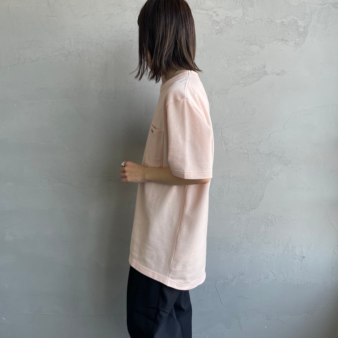 LACOSTE [ラコステ] ワンポイントロゴ 鹿の子ポケットTシャツ [TH4921] HCZ L.PINK &&モデル身長：158cm 着用サイズ：2&&