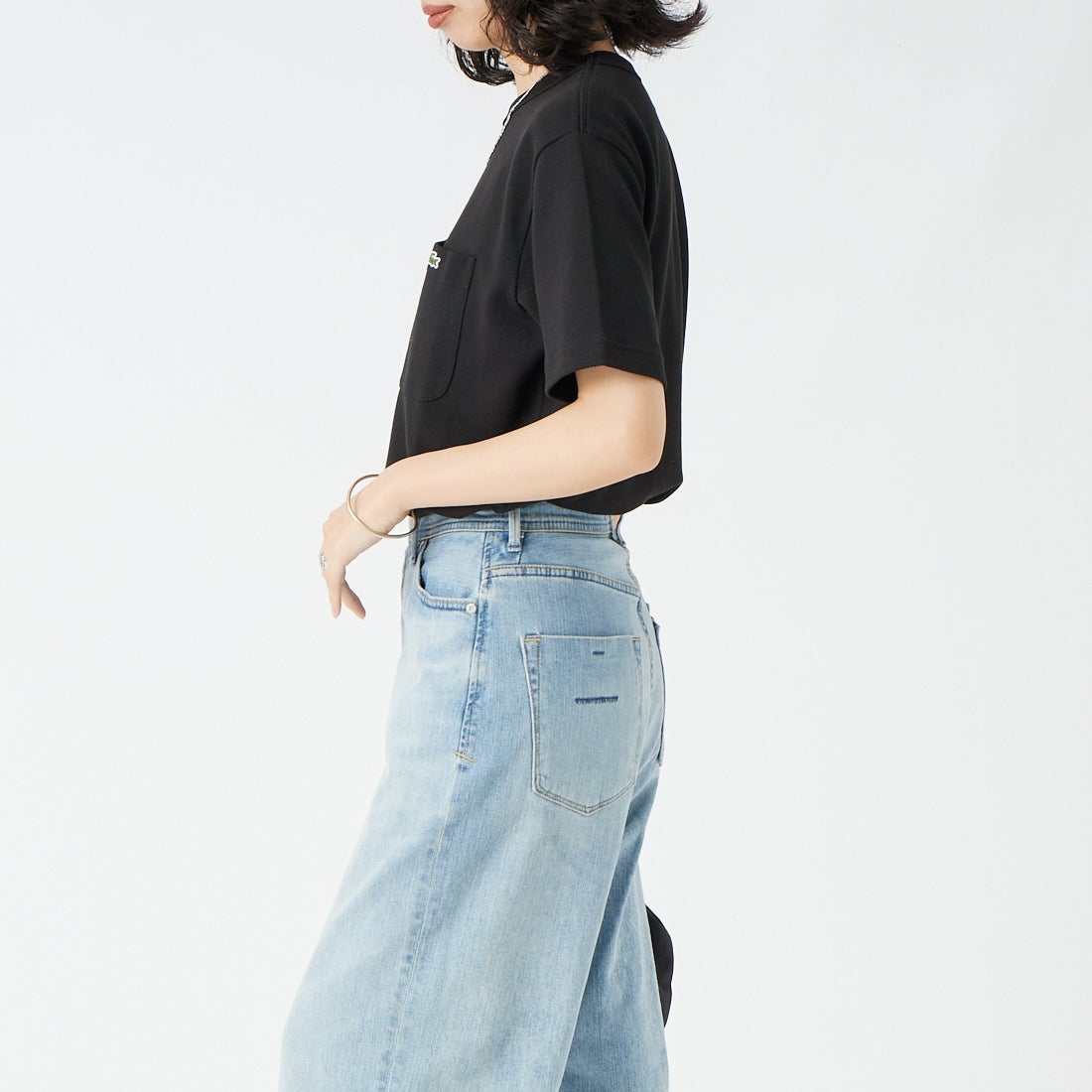 LACOSTE [ラコステ] ワンポイントロゴ 鹿の子ポケットTシャツ [TH4921] 031 BLACK &&モデル身長：162cm 着用サイズ：2&&