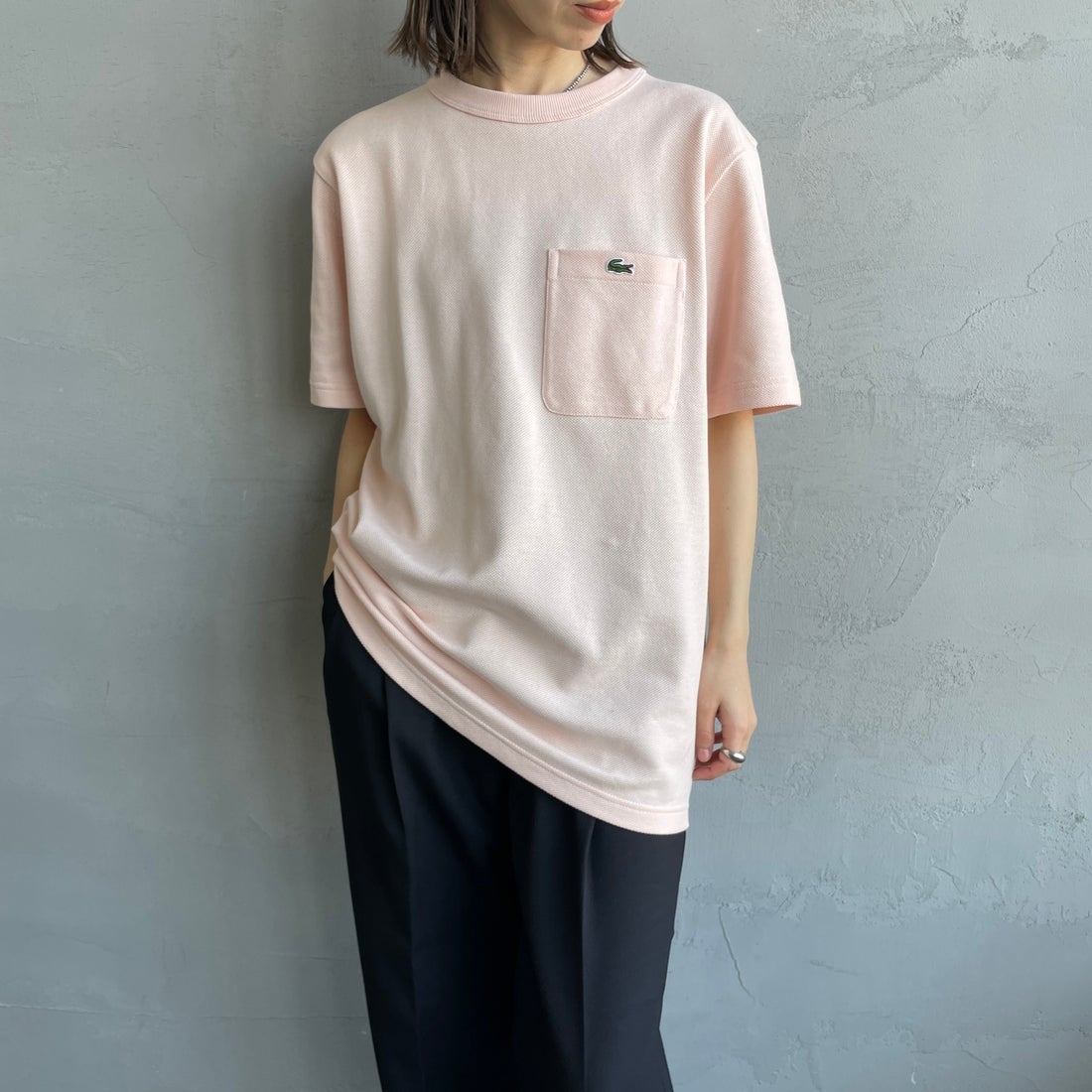 LACOSTE [ラコステ] ワンポイントロゴ 鹿の子ポケットTシャツ [TH4921] HCZ L.PINK &&モデル身長：158cm 着用サイズ：2&&