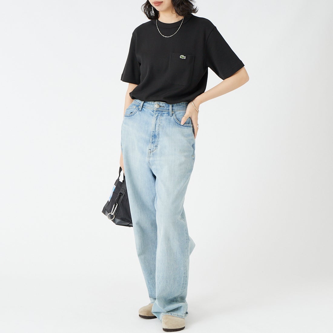 LACOSTE [ラコステ] ワンポイントロゴ 鹿の子ポケットTシャツ [TH4921] 031 BLACK &&モデル身長：162cm 着用サイズ：2&&