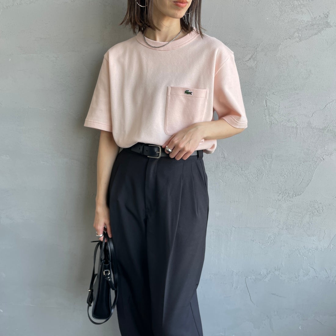 LACOSTE [ラコステ] ワンポイントロゴ 鹿の子ポケットTシャツ [TH4921] HCZ L.PINK &&モデル身長：158cm 着用サイズ：2&&