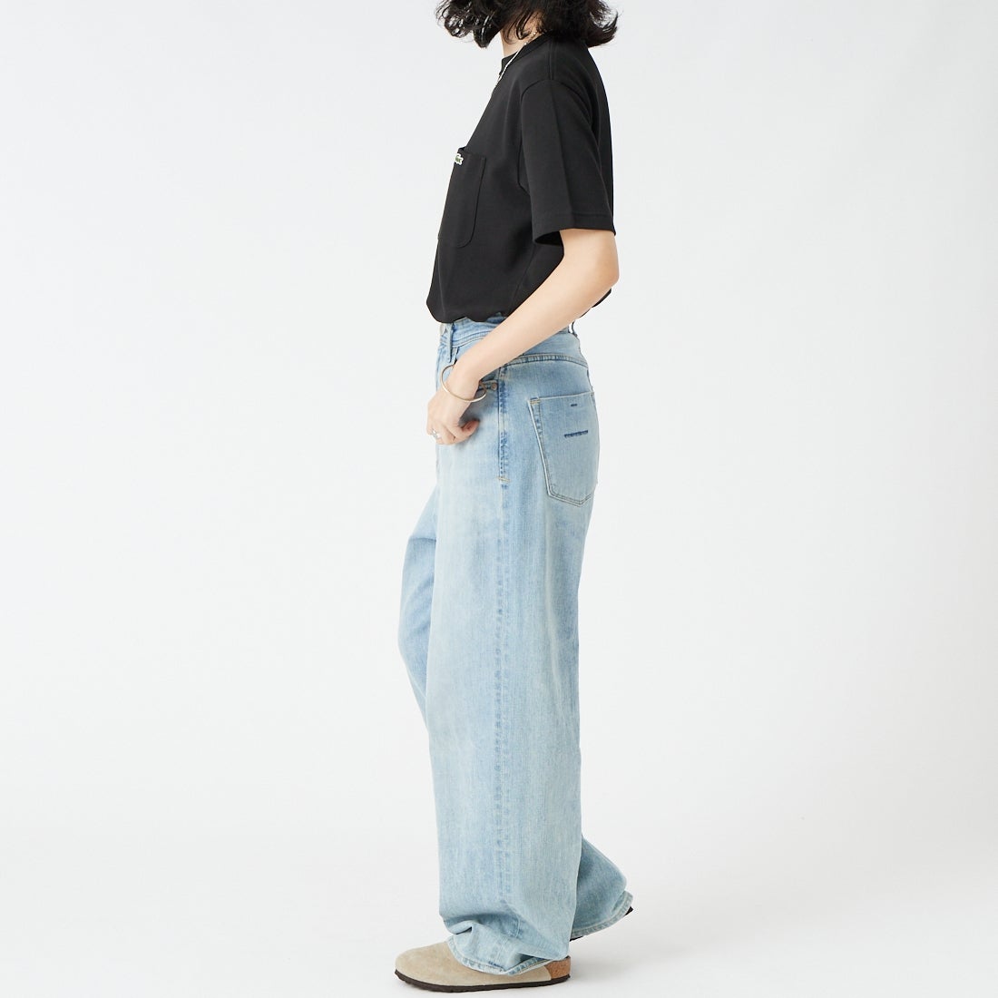 LACOSTE [ラコステ] ワンポイントロゴ 鹿の子ポケットTシャツ [TH4921] 031 BLACK &&モデル身長：162cm 着用サイズ：2&&