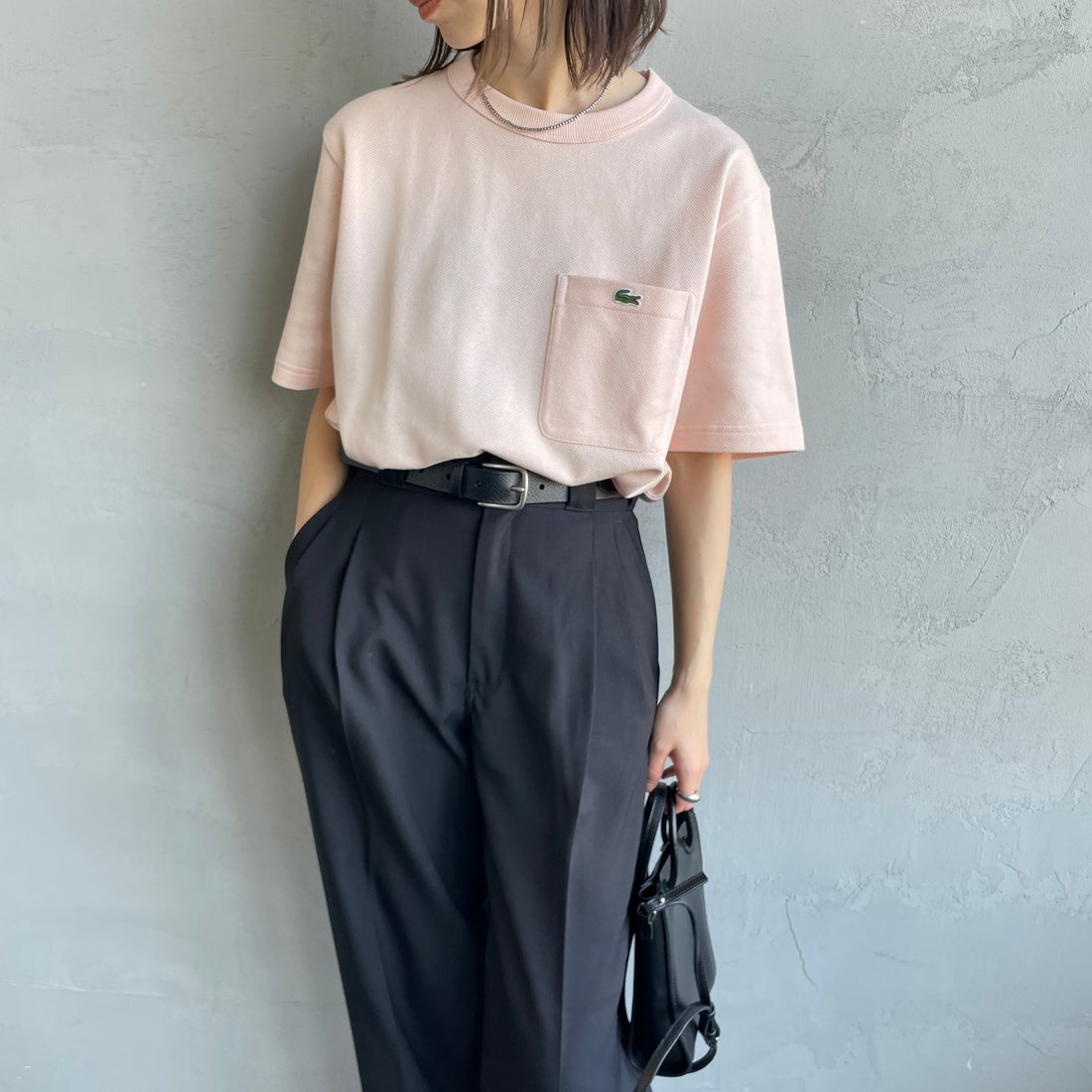 LACOSTE [ラコステ] ワンポイントロゴ 鹿の子ポケットTシャツ [TH4921] HCZ L.PINK &&モデル身長：158cm 着用サイズ：2&&