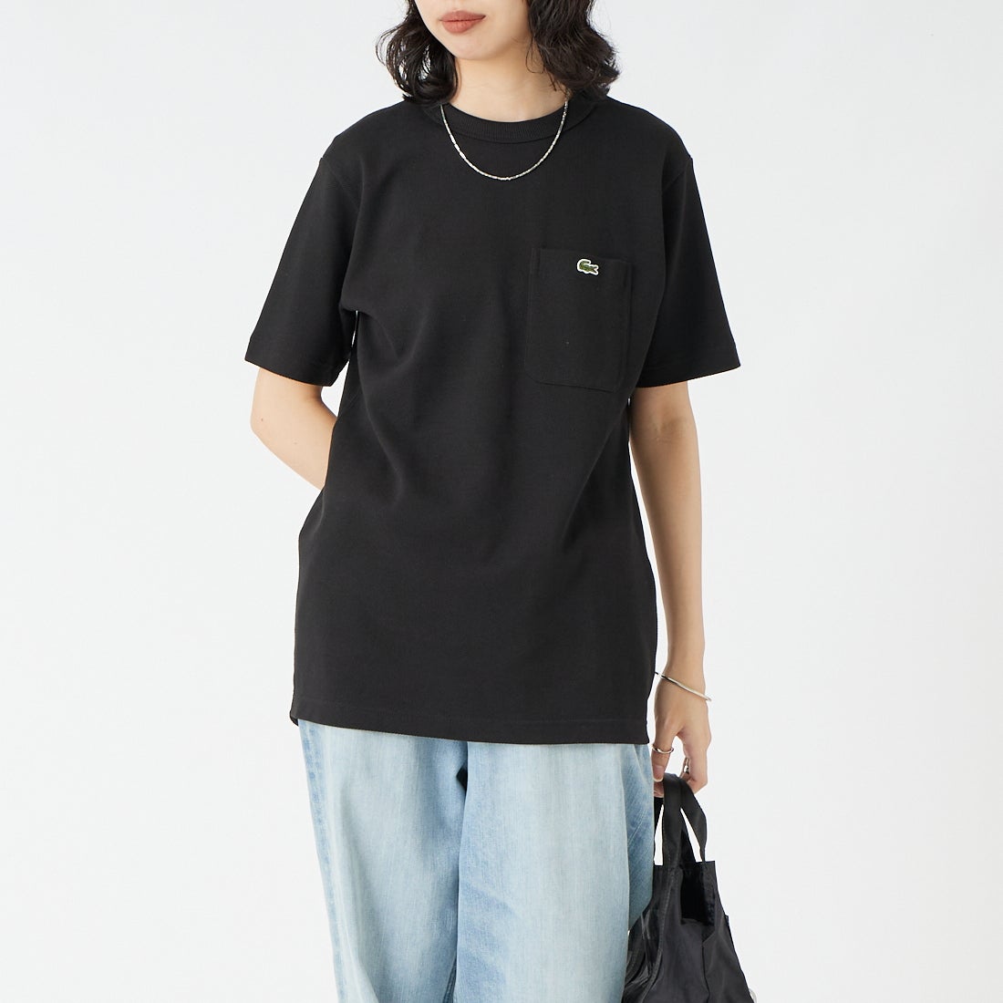LACOSTE [ラコステ] ワンポイントロゴ 鹿の子ポケットTシャツ [TH4921] 031 BLACK &&モデル身長：162cm 着用サイズ：2&&