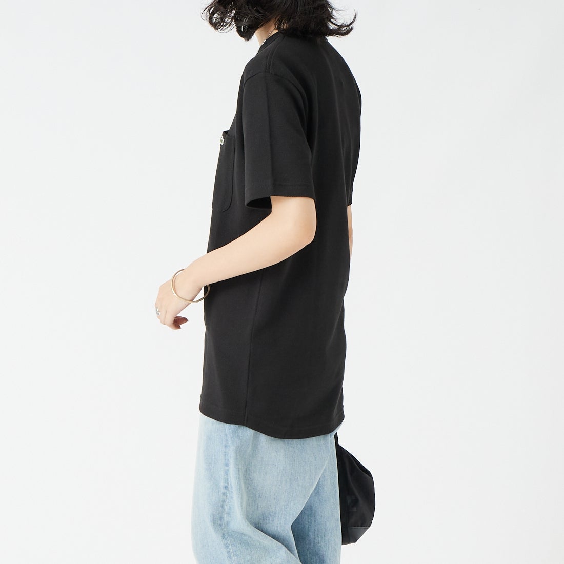 LACOSTE [ラコステ] ワンポイントロゴ 鹿の子ポケットTシャツ [TH4921] 031 BLACK &&モデル身長：162cm 着用サイズ：2&&