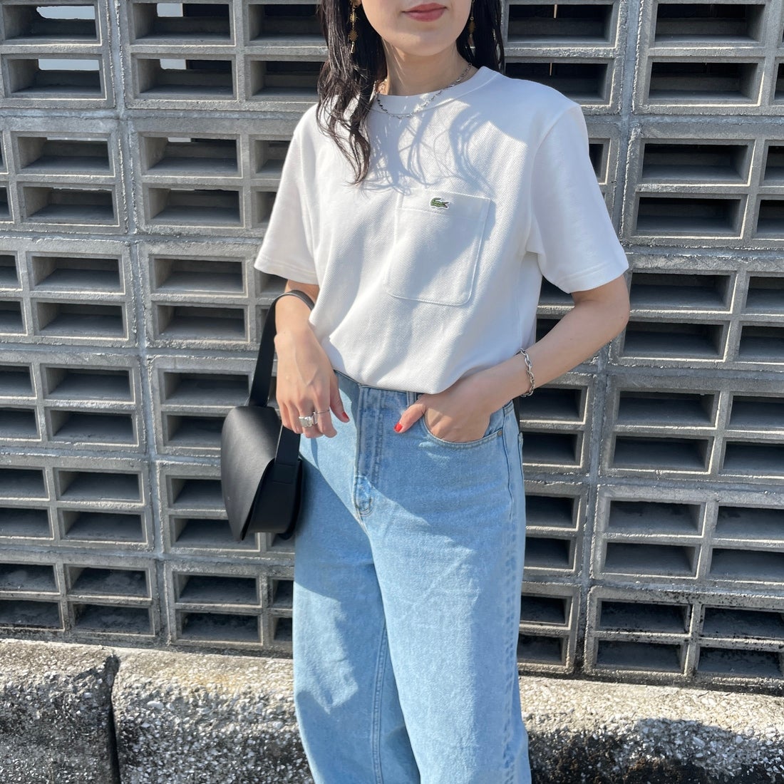 LACOSTE [ラコステ] ワンポイントロゴ 鹿の子ポケットTシャツ [TH4921] 70V WHITE &&モデル身長：160cm 着用サイズ：2&&