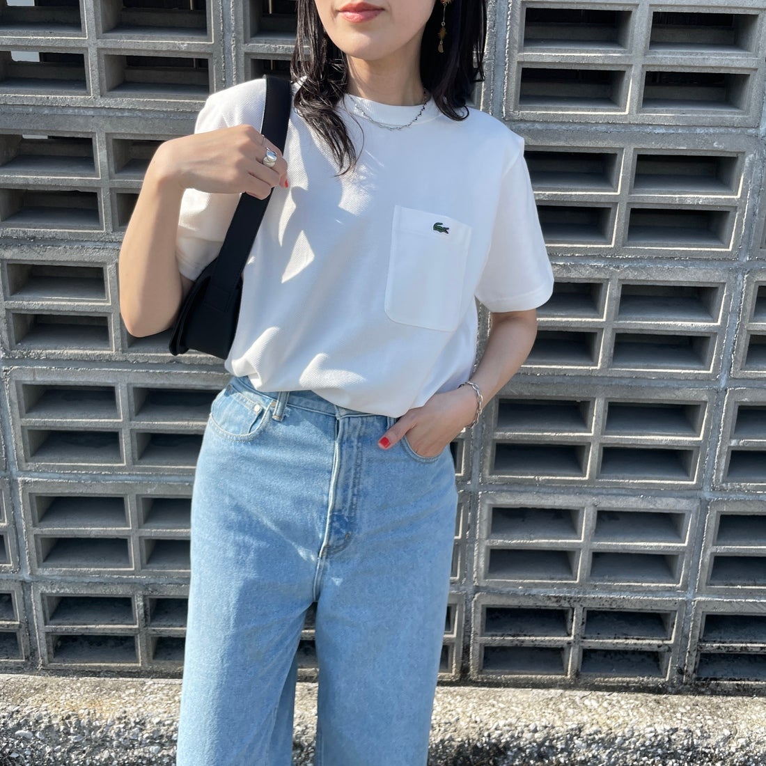 LACOSTE [ラコステ] ワンポイントロゴ 鹿の子ポケットTシャツ [TH4921] 70V WHITE &&モデル身長：160cm 着用サイズ：2&&