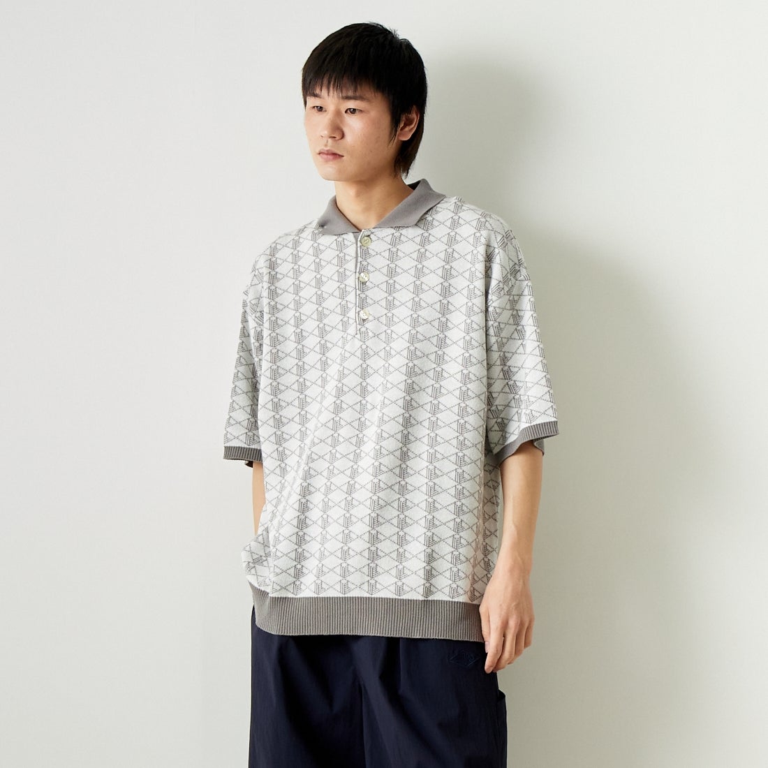 Noir Fabrik [ヌワールファブリック] 綿麻ジャガードポロシャツ [NF-242-016] ｵﾌﾎﾜｲﾄ &&モデル身長：182cm 着用サイズ：L&&