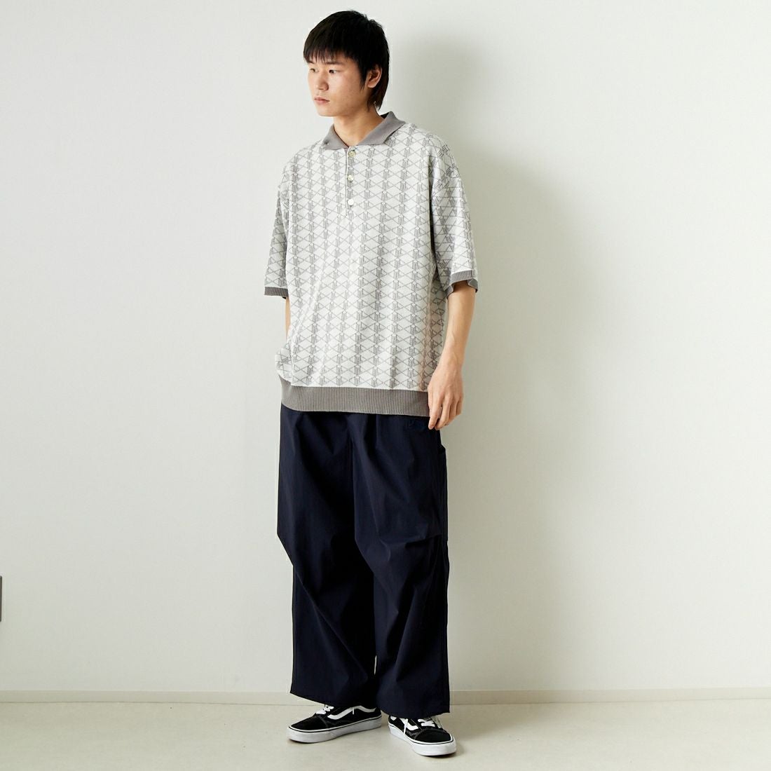 Noir Fabrik [ヌワールファブリック] 綿麻ジャガードポロシャツ [NF-242-016] ｵﾌﾎﾜｲﾄ &&モデル身長：182cm 着用サイズ：L&&