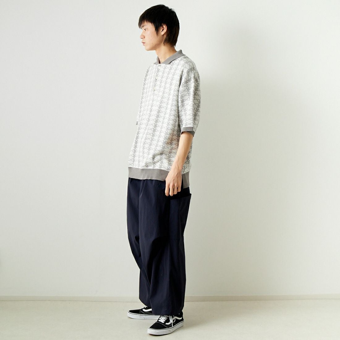 Noir Fabrik [ヌワールファブリック] 綿麻ジャガードポロシャツ [NF-242-016] ｵﾌﾎﾜｲﾄ &&モデル身長：182cm 着用サイズ：L&&