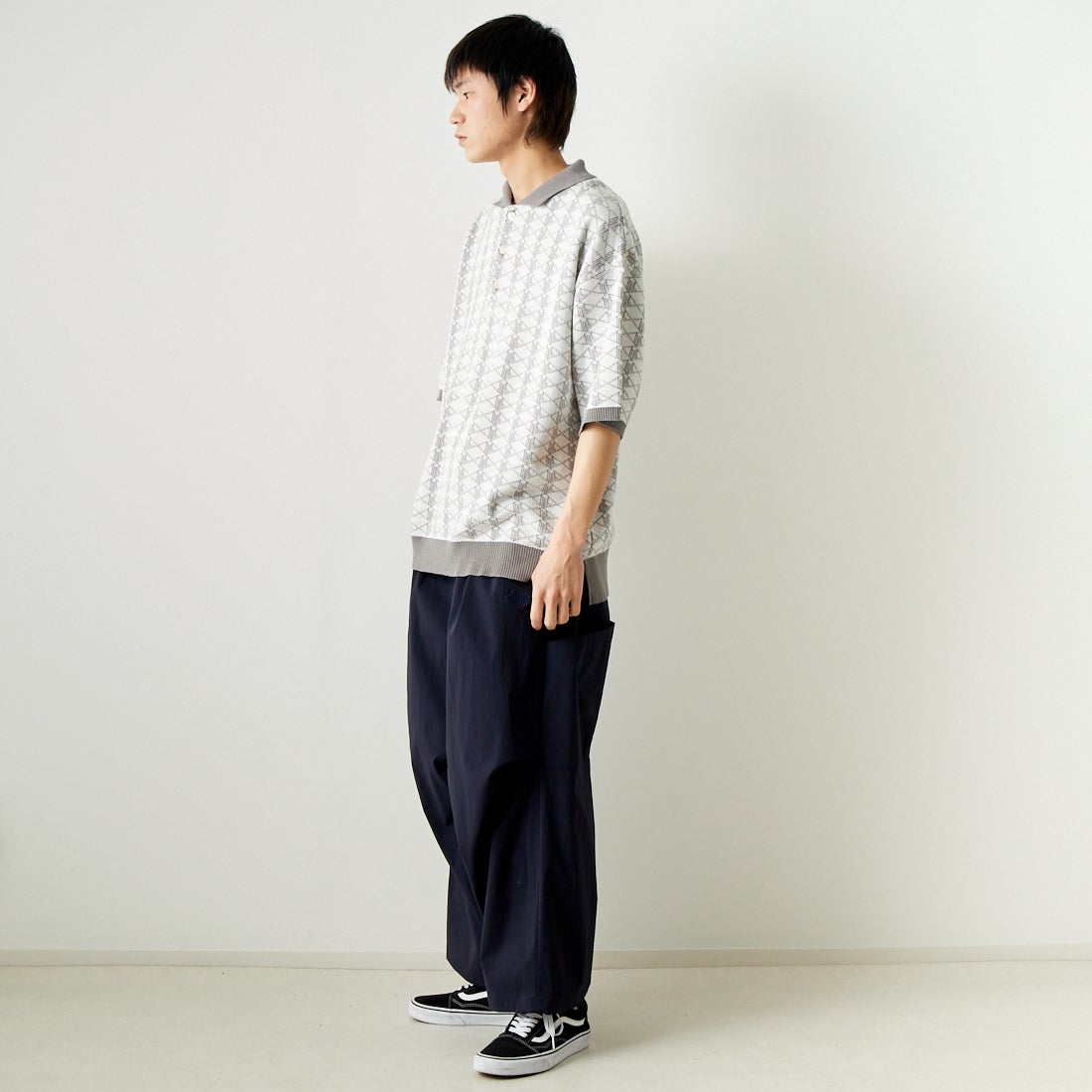 Noir Fabrik [ヌワールファブリック] 綿麻ジャガードポロシャツ [NF-242-016] ｵﾌﾎﾜｲﾄ &&モデル身長：182cm 着用サイズ：L&&