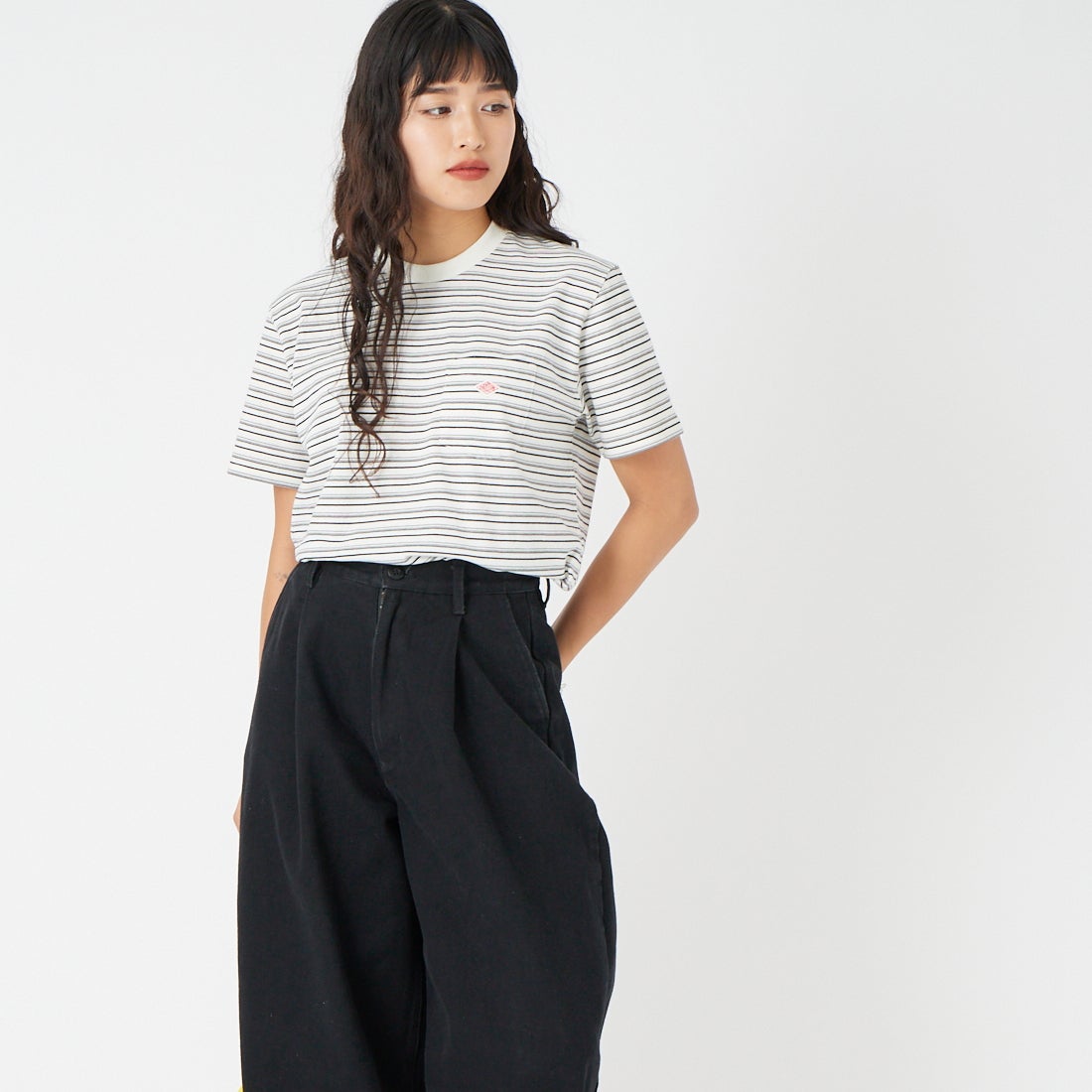 DANTON [ダントン] ストライプ ポケットTシャツ [DT-C0197TCB] ECR/BLK MT &&モデル身長：162cm 着用サイズ：XS&&