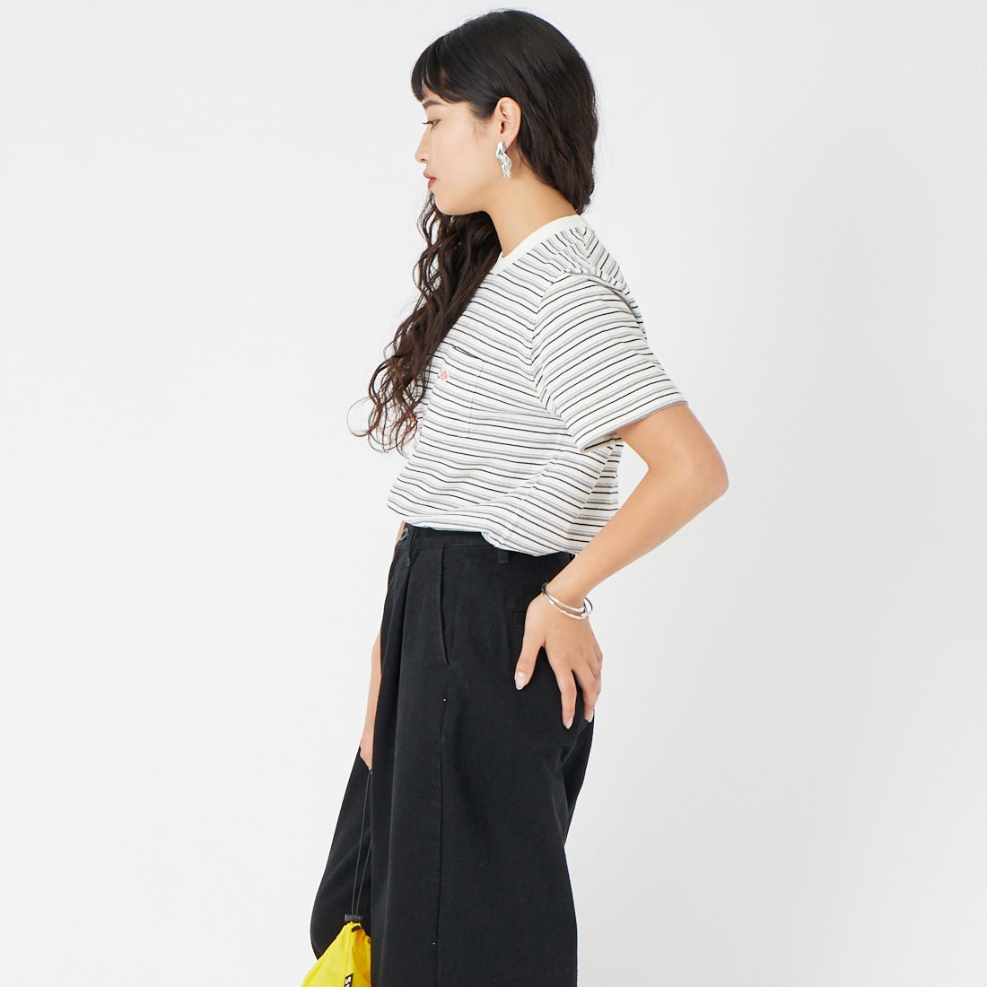 DANTON [ダントン] ストライプ ポケットTシャツ [DT-C0197TCB] ECR/BLK MT &&モデル身長：162cm 着用サイズ：XS&&