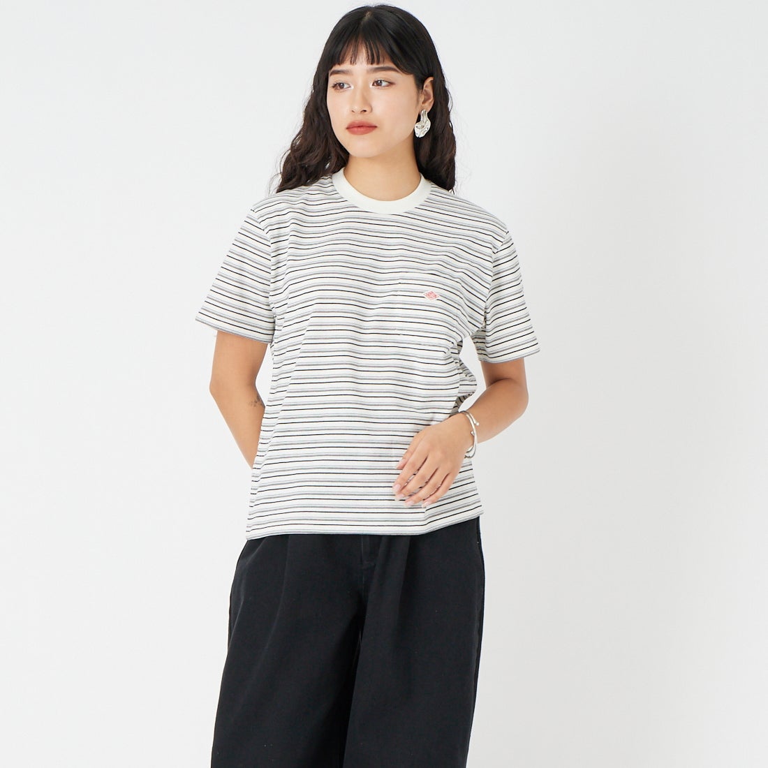 DANTON [ダントン] ストライプ ポケットTシャツ [DT-C0197TCB] ECR/BLK MT &&モデル身長：162cm 着用サイズ：XS&&