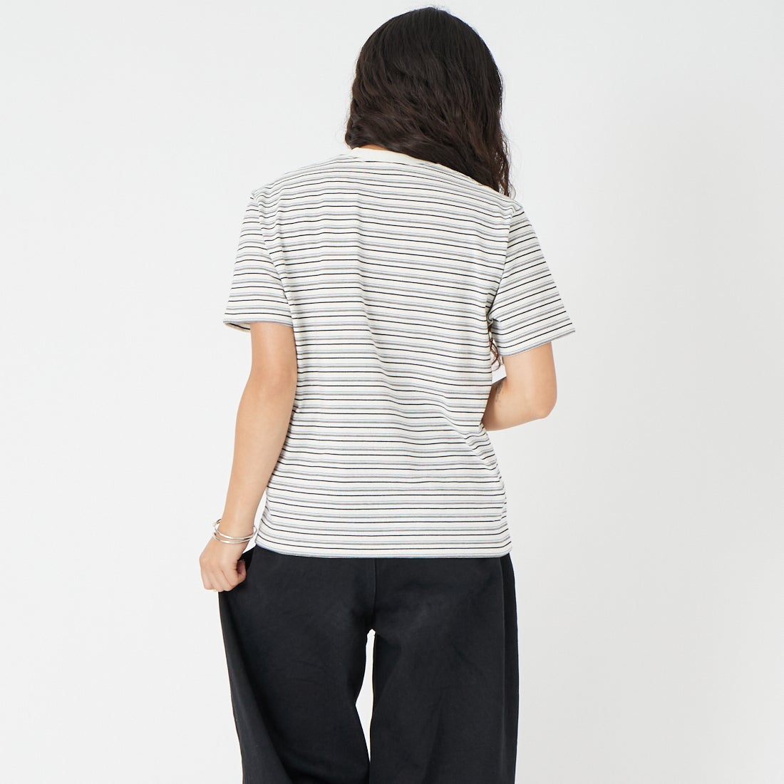 DANTON [ダントン] ストライプ ポケットTシャツ [DT-C0197TCB] ECR/BLK MT &&モデル身長：162cm 着用サイズ：XS&&