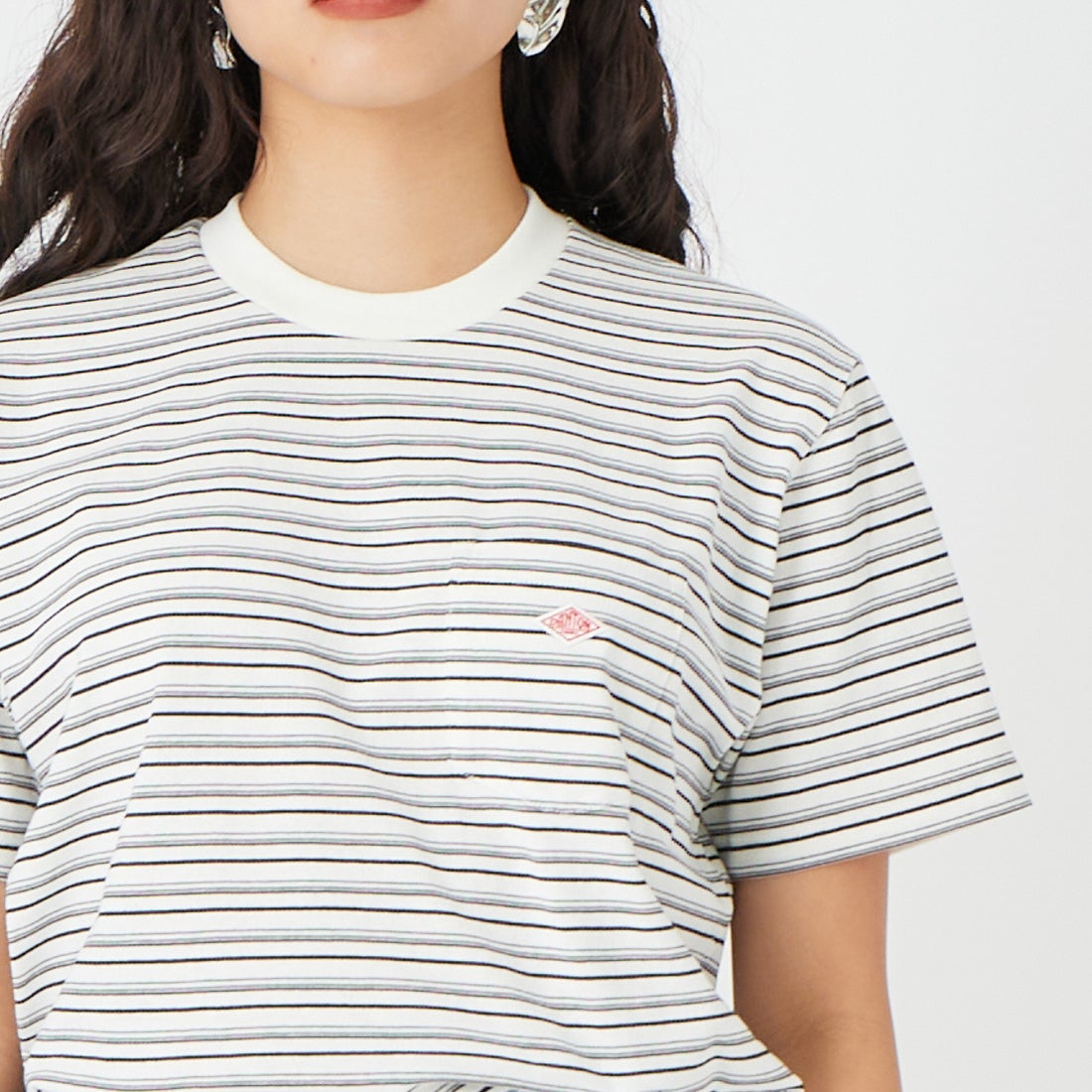 DANTON [ダントン] ストライプ ポケットTシャツ [DT-C0197TCB] ECR/BLK MT &&モデル身長：162cm 着用サイズ：XS&&