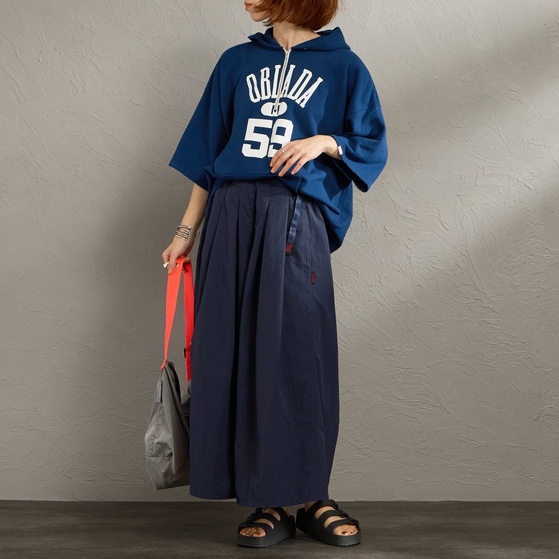 GRAMiCCi [グラミチ] ナイロンフレアパンツ [G2SW-SK034] BRITISH NV &&モデル身長：158cm 着用サイズ：S&&