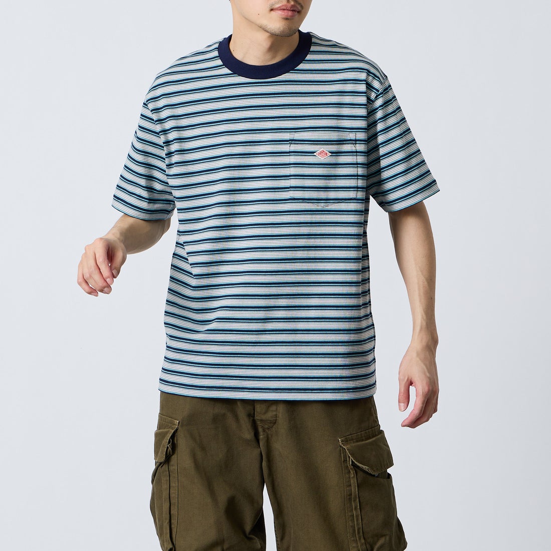 DANTON [ダントン] ストライプ ポケットTシャツ [DT-C0198TCB] BLU/GRY ML &&モデル身長：168cm 着用サイズ：M&&