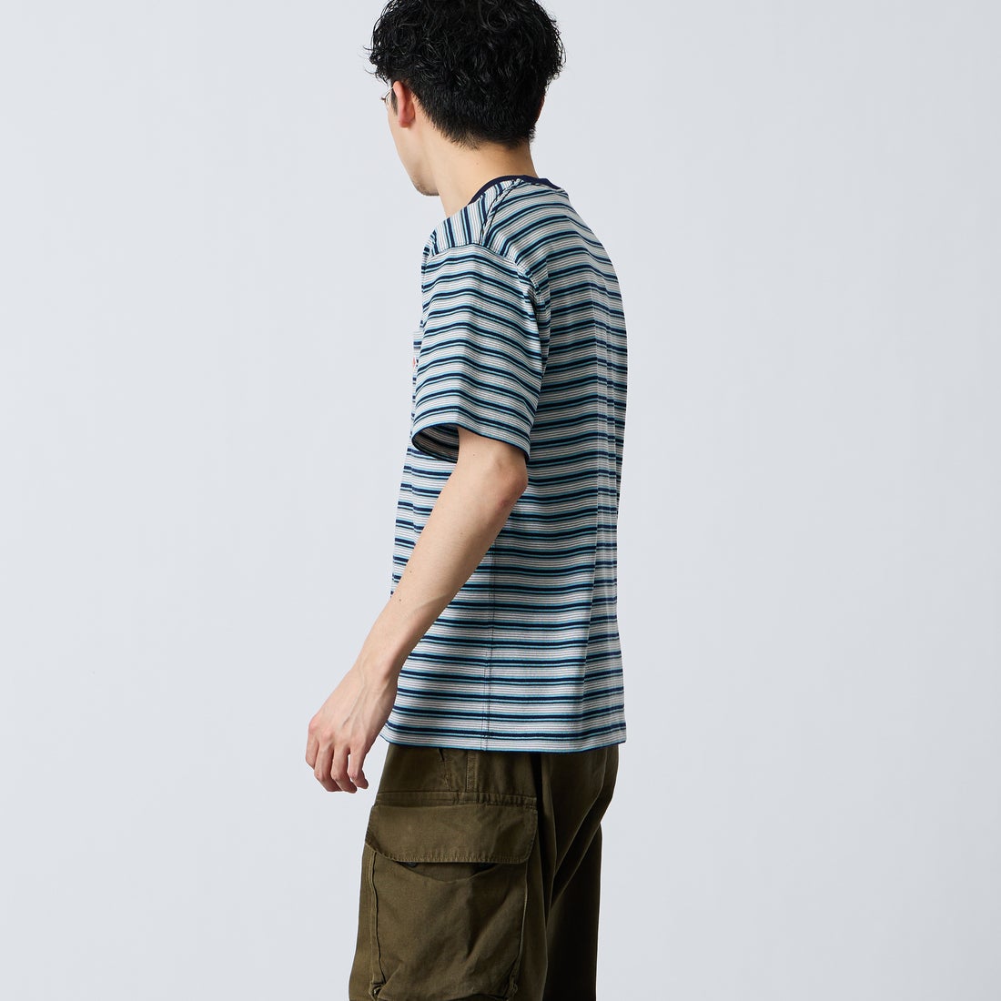 DANTON [ダントン] ストライプ ポケットTシャツ [DT-C0198TCB] BLU/GRY ML &&モデル身長：168cm 着用サイズ：M&&