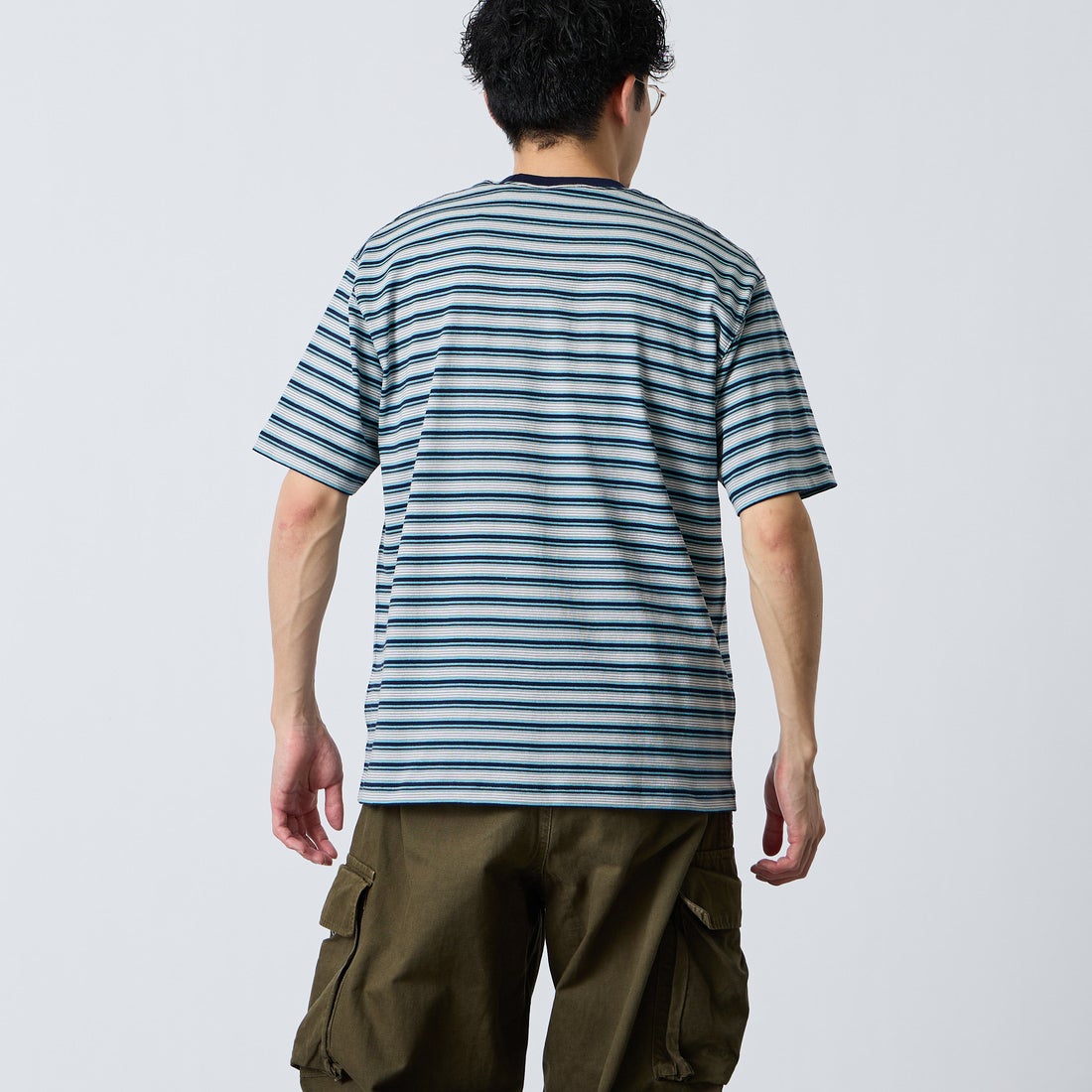DANTON [ダントン] ストライプ ポケットTシャツ [DT-C0198TCB] BLU/GRY ML &&モデル身長：168cm 着用サイズ：M&&