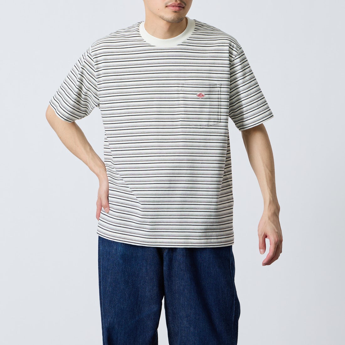 DANTON [ダントン] ストライプ ポケットTシャツ [DT-C0198TCB] ECR/BLK ML &&モデル身長：168cm 着用サイズ：M&&