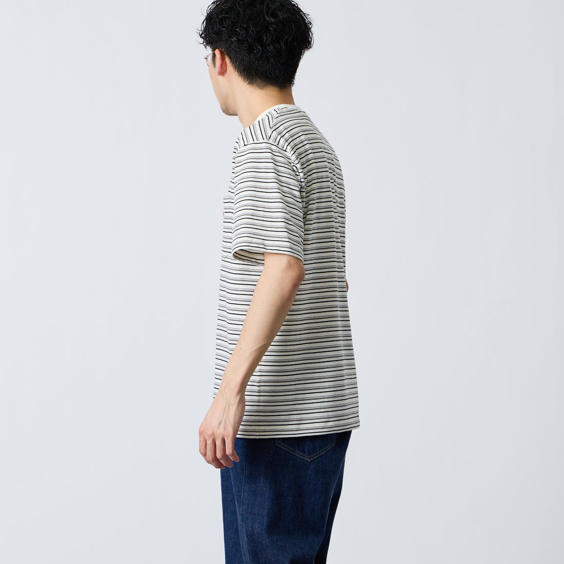 DANTON [ダントン] ストライプ ポケットTシャツ [DT-C0198TCB] ECR/BLK ML &&モデル身長：168cm 着用サイズ：M&&