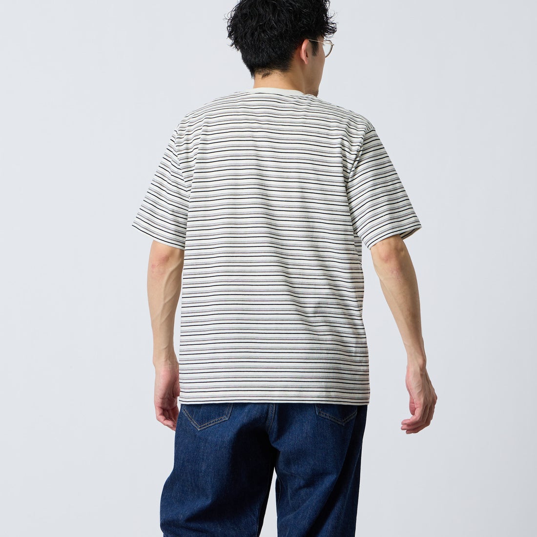 DANTON [ダントン] ストライプ ポケットTシャツ [DT-C0198TCB] ECR/BLK ML &&モデル身長：168cm 着用サイズ：M&&