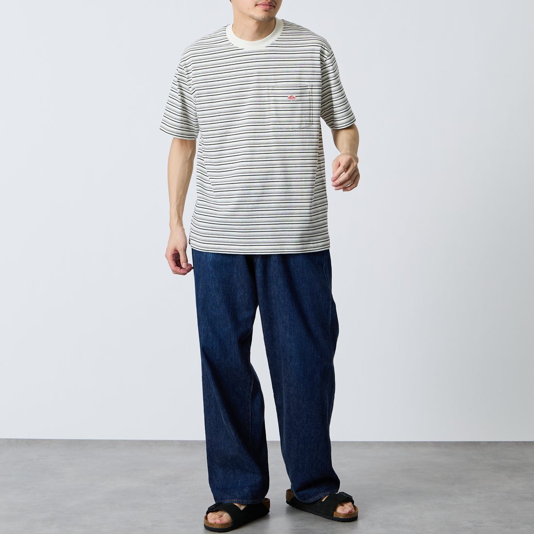 DANTON [ダントン] ストライプ ポケットTシャツ [DT-C0198TCB] ECR/BLK ML &&モデル身長：168cm 着用サイズ：M&&