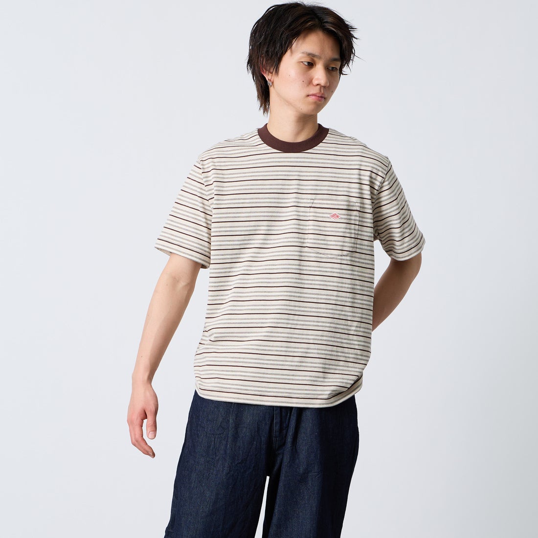 DANTON [ダントン] ストライプ ポケットTシャツ [DT-C0198TCB] BEG/BRN/ML &&モデル身長：177cm 着用サイズ：M&&