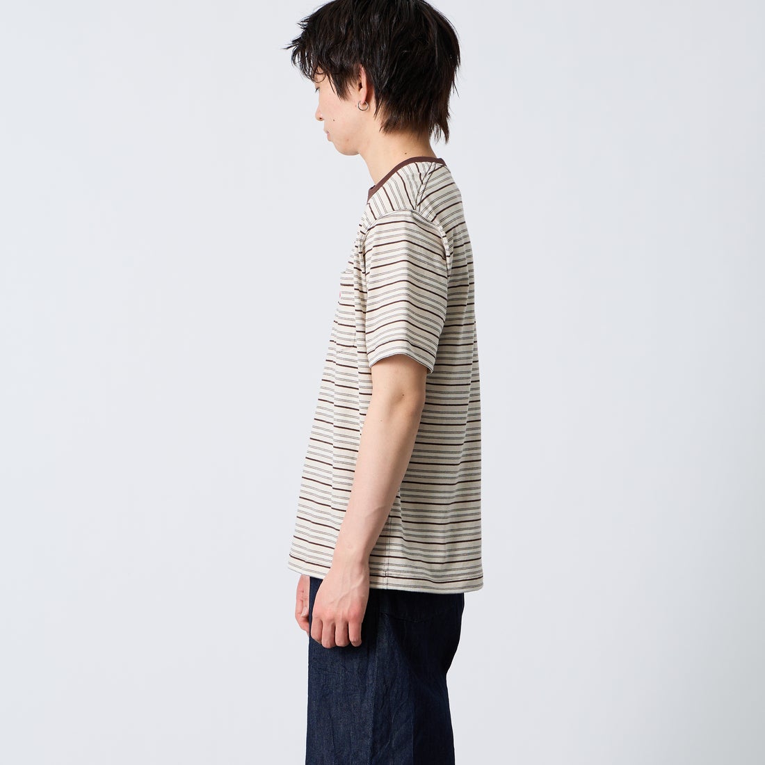 DANTON [ダントン] ストライプ ポケットTシャツ [DT-C0198TCB] BEG/BRN/ML &&モデル身長：177cm 着用サイズ：M&&