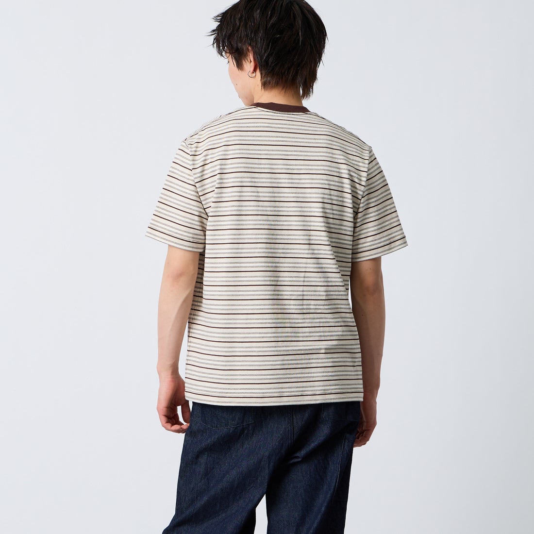 DANTON [ダントン] ストライプ ポケットTシャツ [DT-C0198TCB] BEG/BRN/ML &&モデル身長：177cm 着用サイズ：M&&