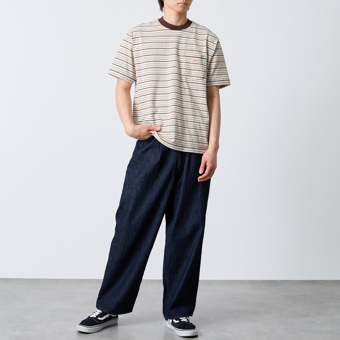DANTON [ダントン] ストライプ ポケットTシャツ [DT-C0198TCB] BEG/BRN/ML &&モデル身長：177cm 着用サイズ：M&&