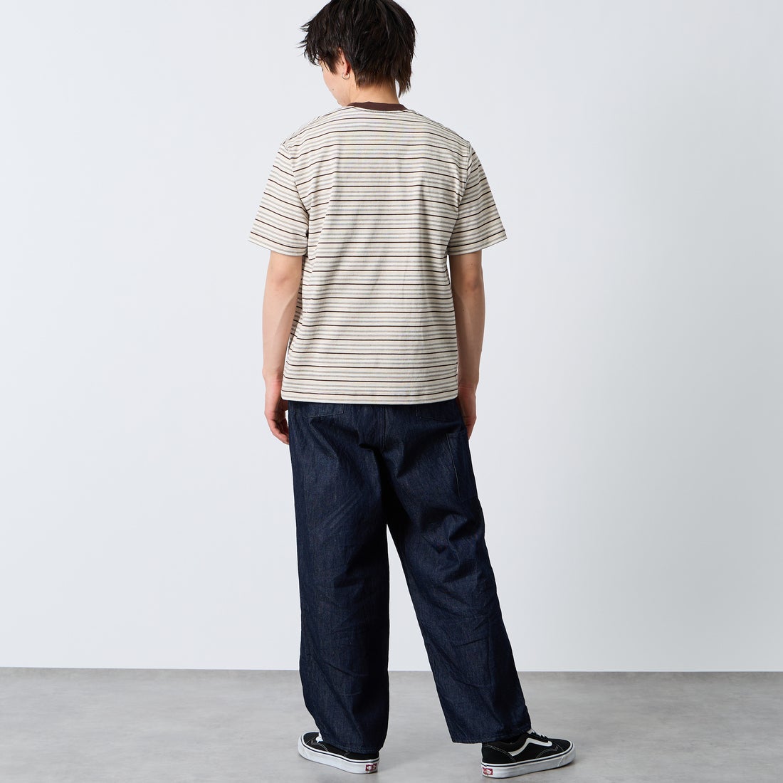 DANTON [ダントン] ストライプ ポケットTシャツ [DT-C0198TCB] BEG/BRN/ML &&モデル身長：177cm 着用サイズ：M&&