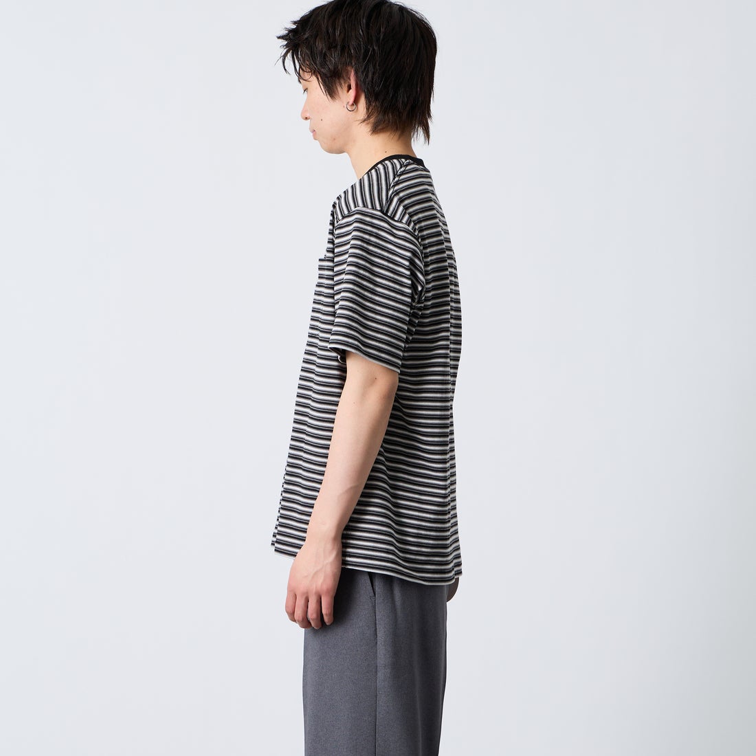 DANTON [ダントン] ストライプ ポケットTシャツ [DT-C0198TCB] CHR/BLK ML &&モデル身長：177cm 着用サイズ：XL&&