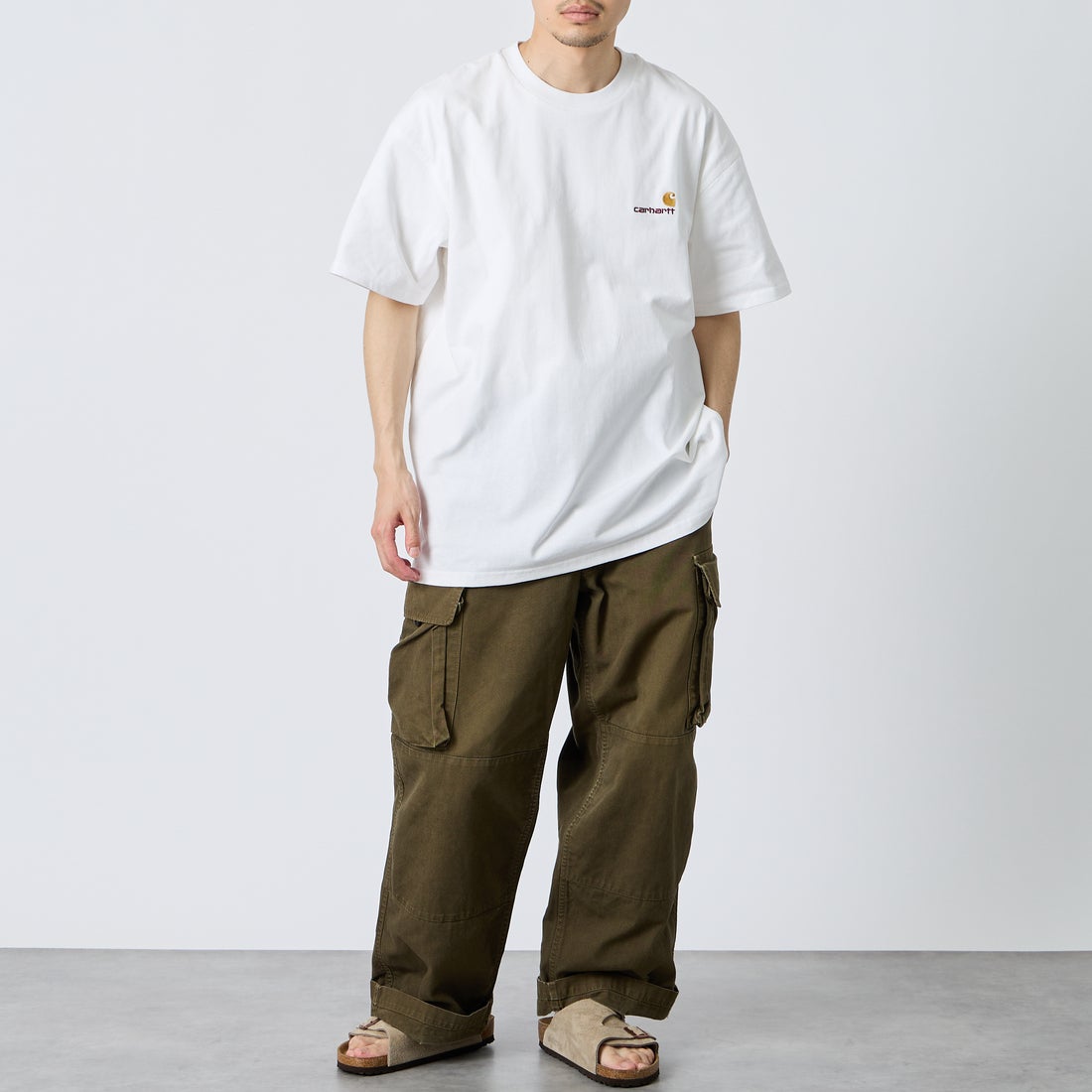 carhartt WIP [カーハートダブリューアイピー] ショートスリーブアメリカンスクリプトTシャツ [I029956] WHITE &&モデル身長：168cm 着用サイズ：L&&