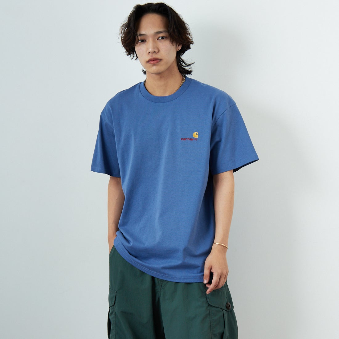 carhartt WIP [カーハートダブリューアイピー] ショートスリーブアメリカンスクリプトTシャツ [I029956] BLUE IRIS &&モデル身長：179cm 着用サイズ：L&&