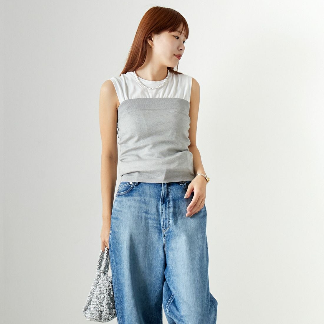 MICA&DEAL [マイカアンドディール] ラメベアトップ＆タンクセット [0124209083] SILVER &&モデル身長：167cm 着用サイズ：F&&